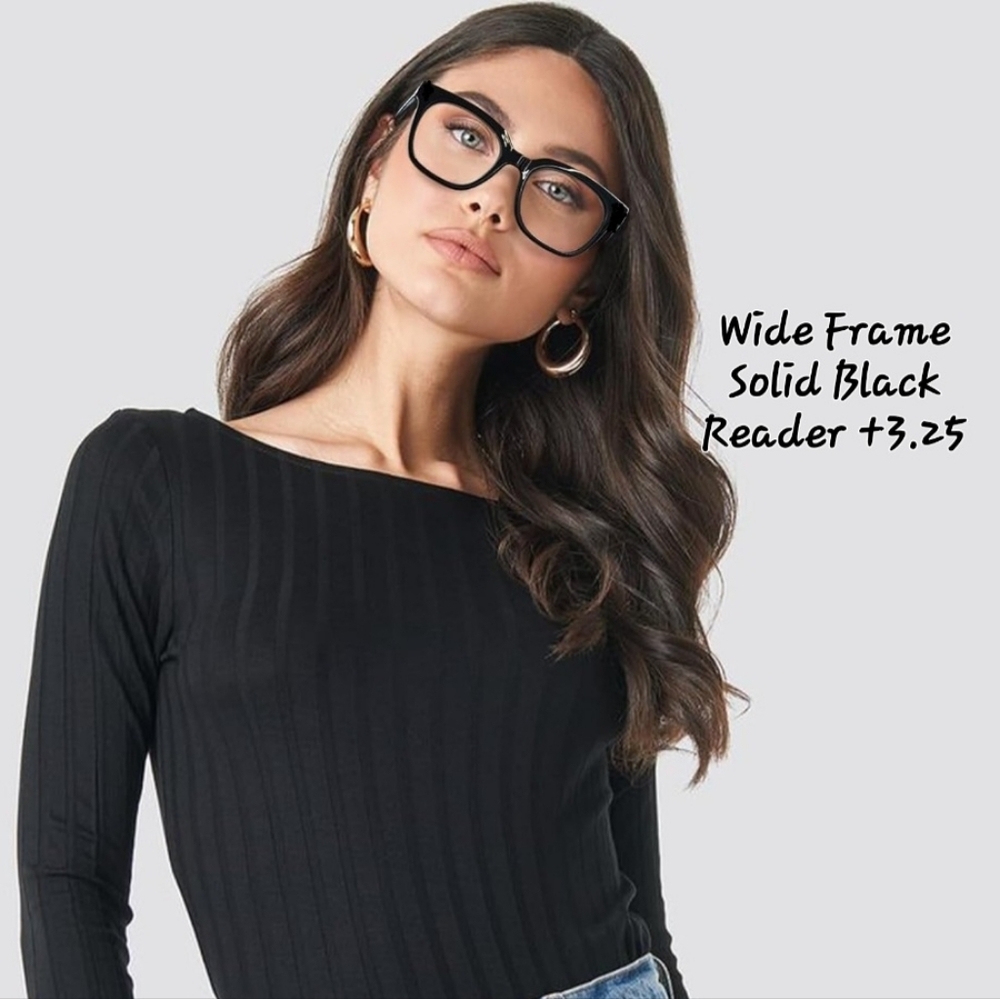 Wide Frame Solid Black Reader Glasses +3.25 Stren… - image 1
